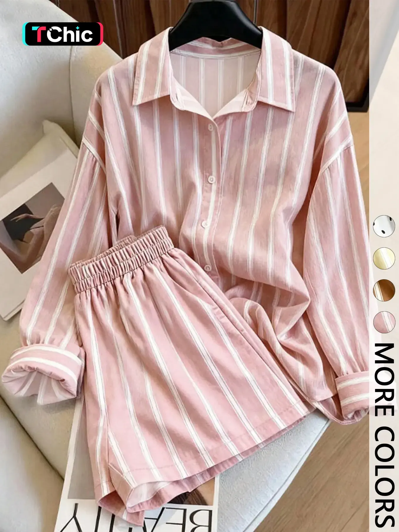 2-Piece Striped Home Loungewear Set, Button-Down Long Sleeve Shirt + Loose Shorts, Casual Comfortable for Sleep, Beach, Daily Wear