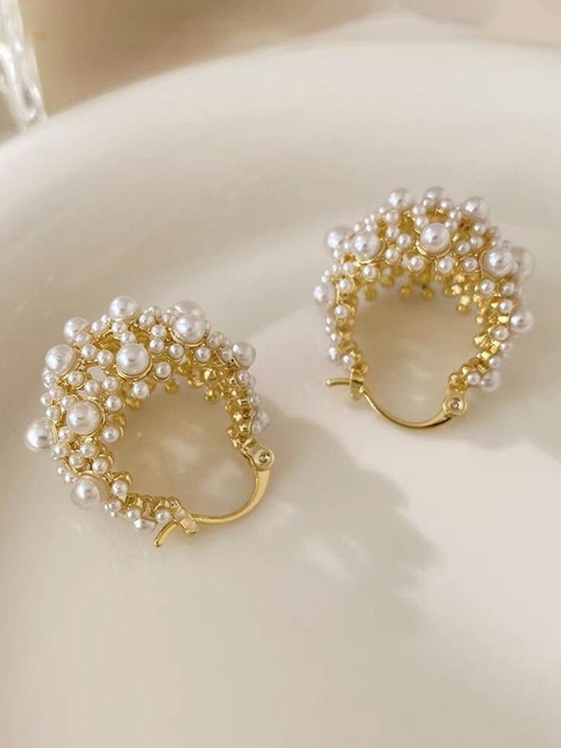 French Vintage Hollow Out Faux Pearl Basket Design Earrings, Fashionable Elegant Women's Daily Party Versatile Delicate Earings, Fashionable Hoop Earrings