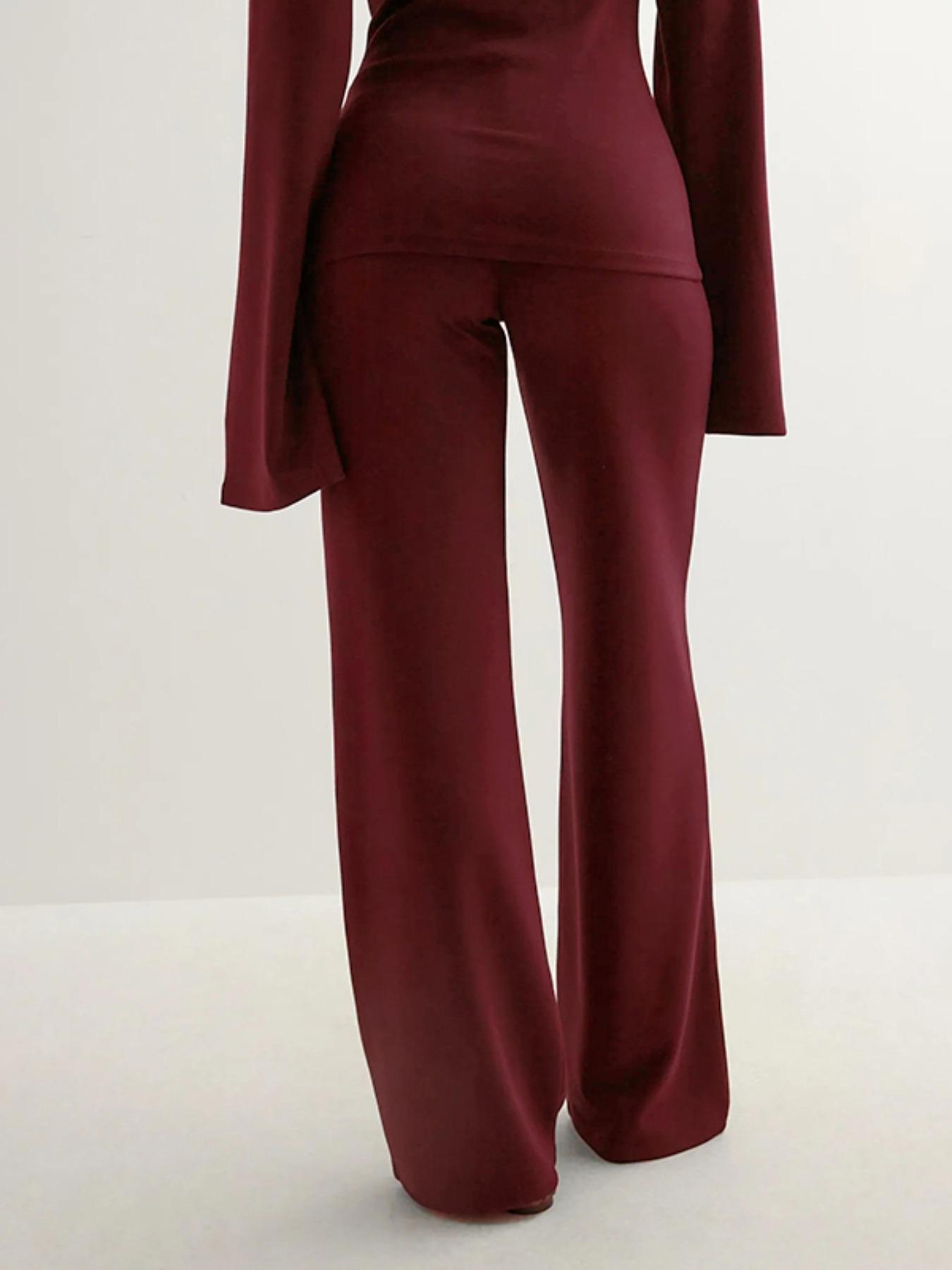 Women's New Fall Fitted Round Neck Flare Sleeve Top & Elastic Waist Straight Leg Pants Set, Casual Fashion for Daily Wear