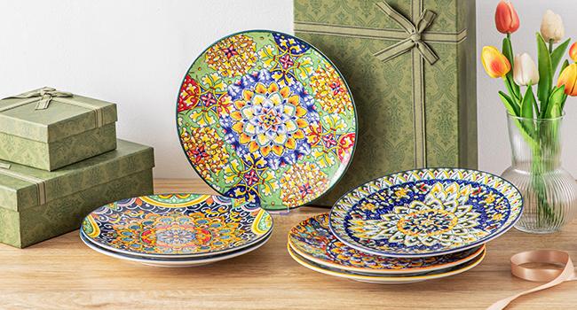vancasso Dessert/Dinner Plates Set of 6, 8.5/10.5 Inch Ceramic Plates, Microwave, Oven and Dishwasher Safe, Colorful Bohemian Style Dishes for Kitchen