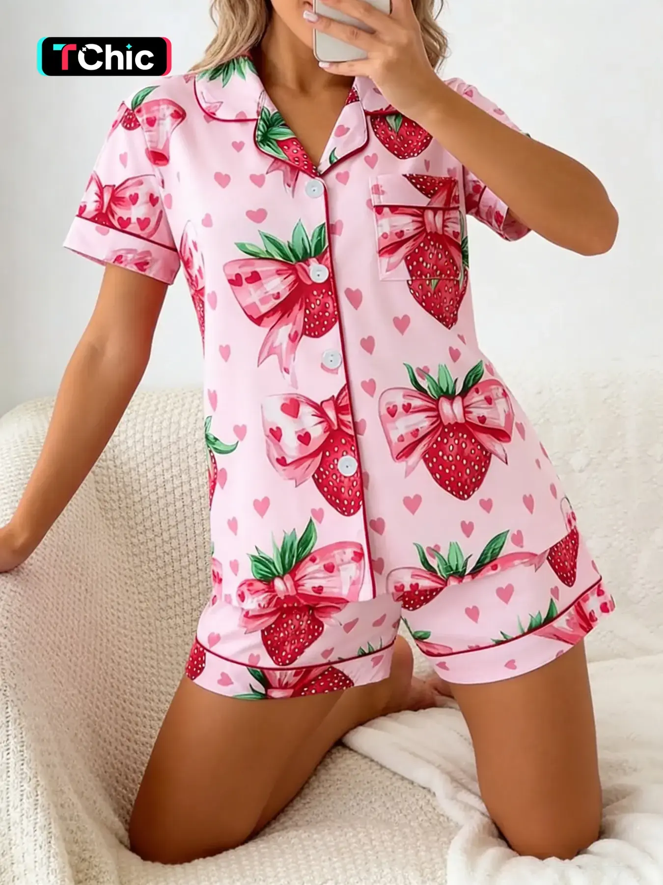 Women's Short Sleeve Button Down Top and Shorts Pajama Set, Loungewear, Spring Summer Wear, For Japanese Kawaii Soft Girls, Pink Base Strawberry Bow Heart Print, Small Lapel Collar, Slim Fit No Bulk, Comfortable For Daily Home Wear, Pj Set