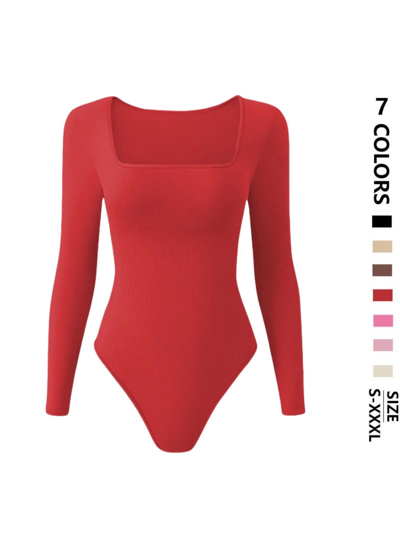 Women's solid knit long sleeve square neck shapewear bodysuit, slim fit, stretchy fabric, tummy control, Tummy Tuck Bodysuit, butt lifting design, comfortable breathable shaping wear, curve enhancer, perfect for daily casual, work, dates, parties