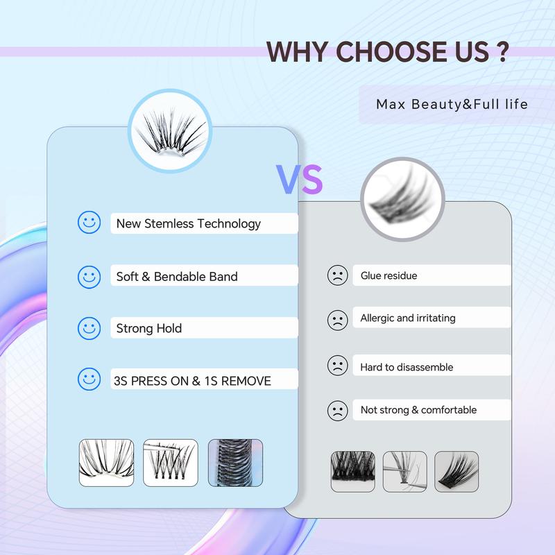 Maxfull Glueless Lashes Bendable Invisible Band Super Strong Hold Lash Clusters Kit 10-18mm DIY Self Adhesive All‑Day Hold Eyelashes Extensions Kit D Curl Anime&Natural Dual Style Fluffy Wispy Pre-Glued Eyelash Beginner-Friendly Press‑On & Easy Remove