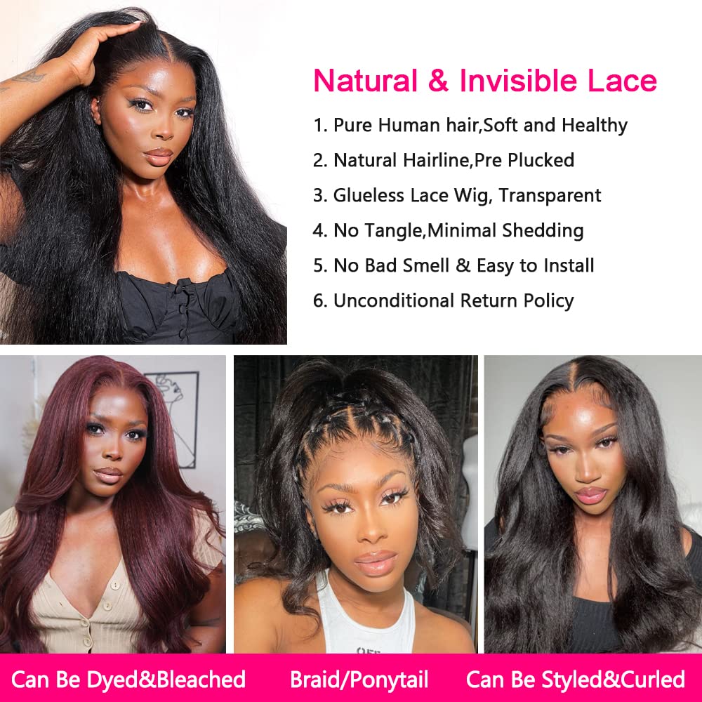Bling Hair Human Hair Lace Front Glueless Wigs for Women 13x6 Kinky Straight Pre Bleached Knots Yaki Human Hair Wig HD Transparent Lace Pre Plucked 180% Density Natural Black Color #TikTokShopHolidayHaul