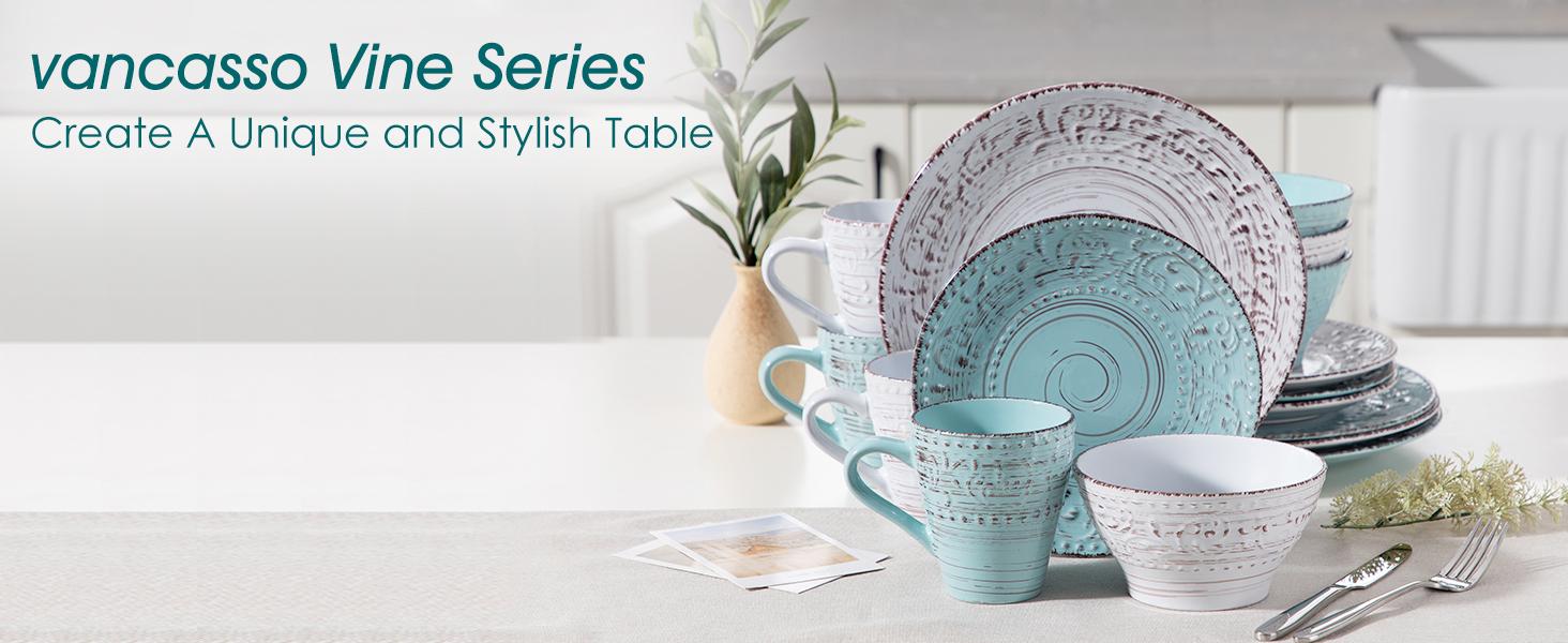 Vancasso 16-Piece Dinnerware Set for 4, Embossed Vine Design with Spiral & Eyelash Rim, Includes 4 Dinner Plates, 4 Side Plates, 4 Bowls, 4 Mugs, Blue Ceramics   Tableware Kit Cutlery