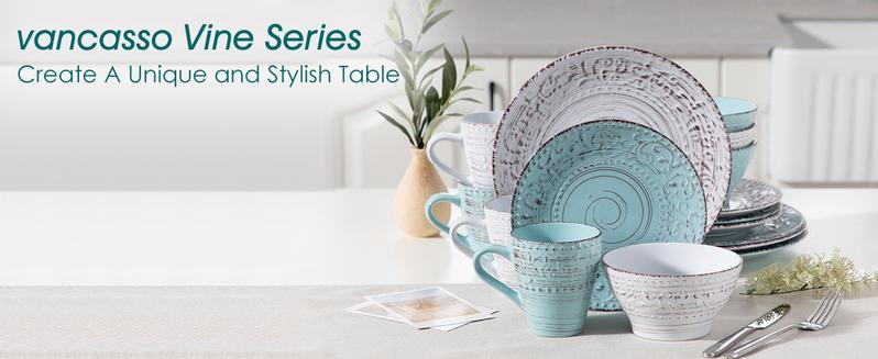 Vancasso 16-Piece Dinnerware Set for 4, Embossed Vine Design with Spiral & Eyelash Rim, Includes 4 Dinner Plates, 4 Side Plates, 4 Bowls, 4 Mugs, Blue Ceramics   Tableware Kit Cutlery