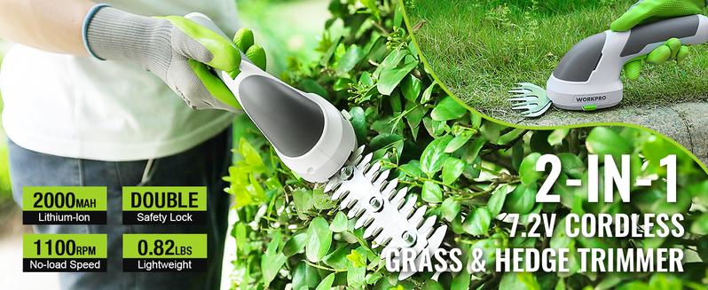 #JumpstartSale WORKPRO Cordless Grass Shear & Shrubbery Trimmer - 2 in 1 Handheld 7.2V Electric Grass Trimmer Hedge Shears/Grass Cutter Rechargeable Lithium-Ion Battery and Type-C Cable Included