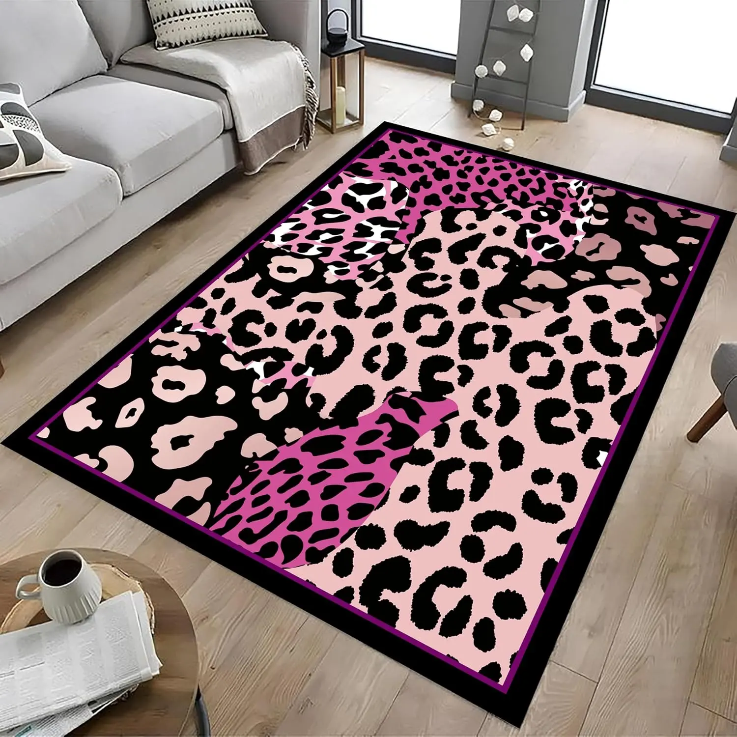Flannel Floor Mat Pink Leopard Rug - Cute Animal Print Soft Low Pile Rug for Girls Room and Dorm, Non-Slip Backing, Machine Washable, Bohemian Decor for Bedroom Living Room, Playroom Jungle Floor Mat