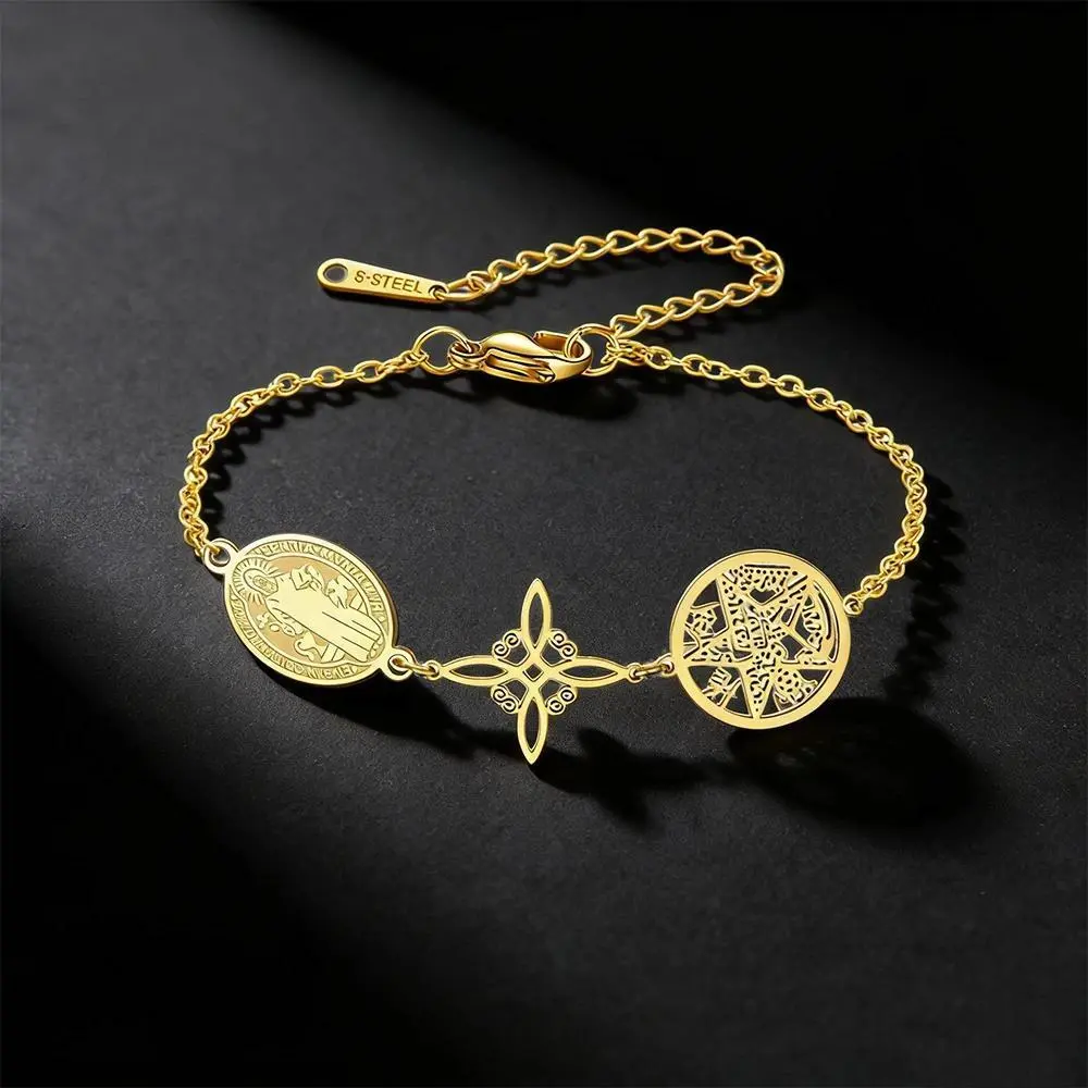 HIPEE Unisex One-Size Specialty Stainless Steel Bracelet - St. Benedict, Witch Knot, Pentagram, Tetragrammaton Motifs, Star Stainless Steel Jewelry for Unisex Wear