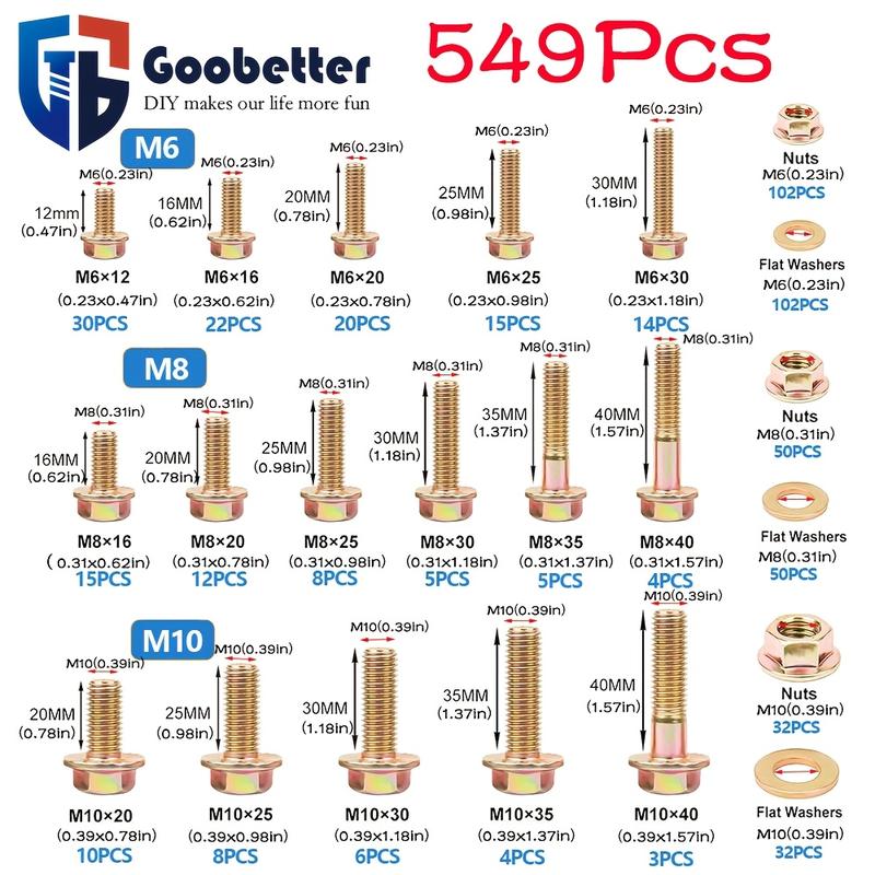 549pcs Metric Fange HexBolts, Nuts &Washers Assortment Kit,M6 M8 M10 Sizes, Class 8.8 AlloySteel, ZincPlated, for DlY, HlectronicsHousehold Appliances &CommunicationEquipment