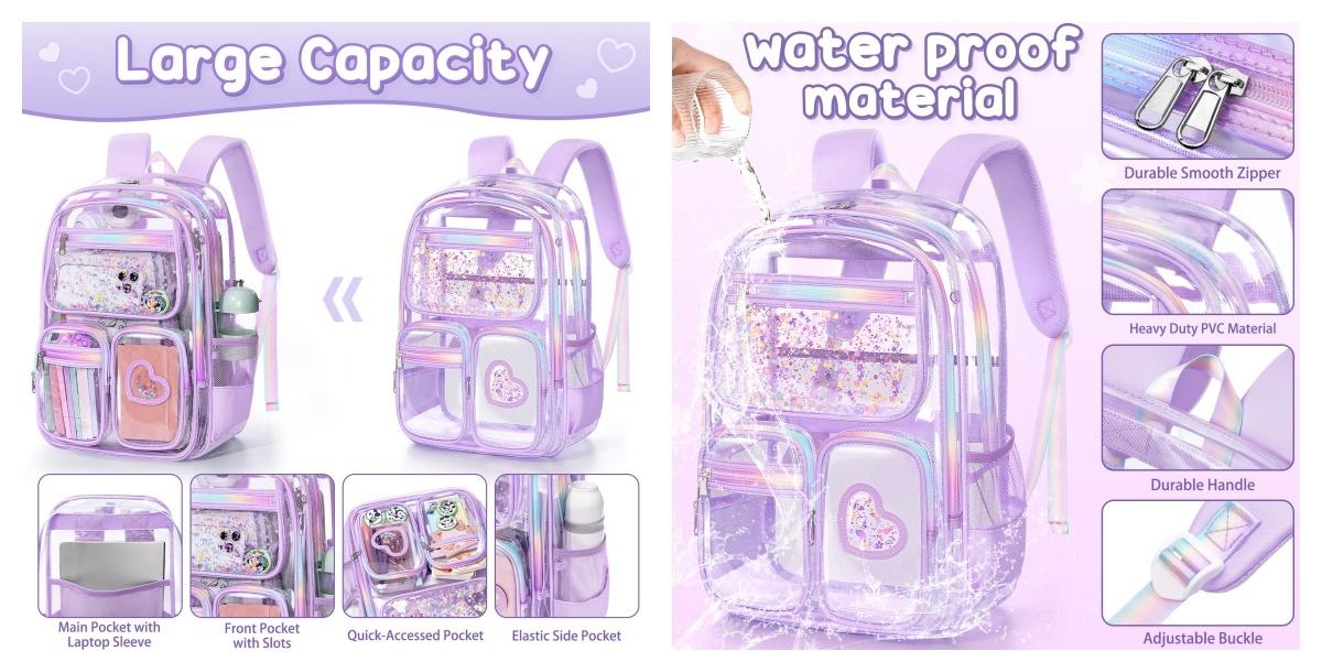 Fimibuke Clear Backpack with Lunch Box & Pencil Case - 3 PCS Heavy Duty Transparent PVC Schoolbag Large Waterproof Bookbag for Travel School Concert Stadium Events Backpacks