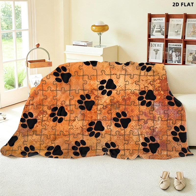 Paw Print Puzzle - Style Throw Blanket, Single - Sided Printed, Multiple Specifications Available, Warm Earthy Gradient Background, Playful Design for Pet Lovers, Ideal for Napping & Home Decor