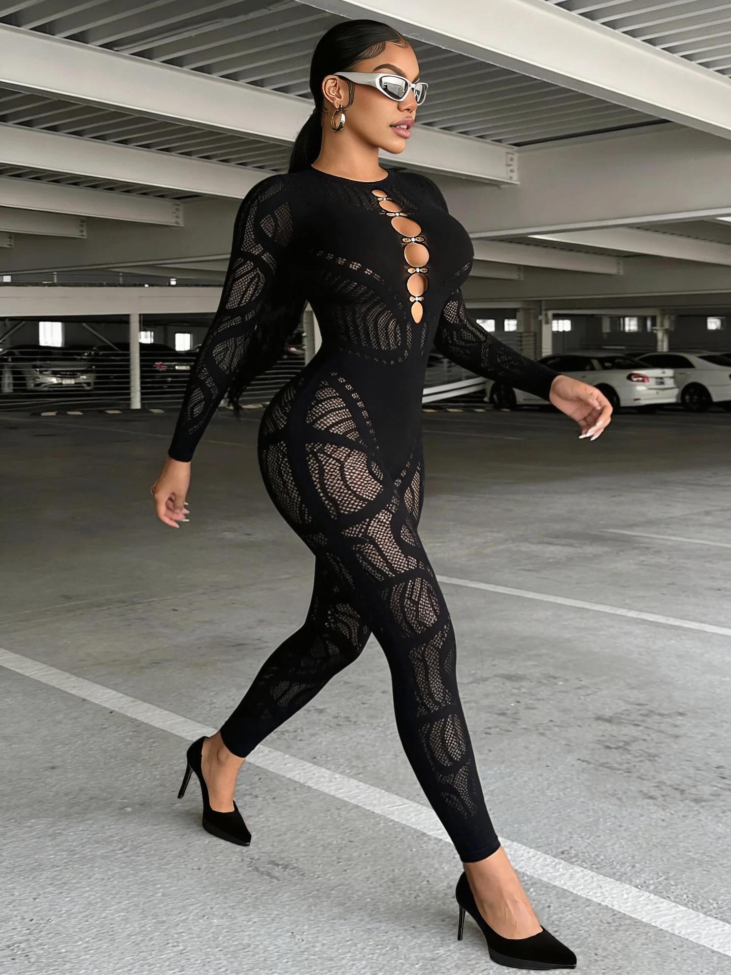Women's High-Waist Rhinestone Hollow Thick-Knit Long-Sleeve Integrated Bodysuit Outerwear - Polyester, Romantic, Ethnic, Baroque, Anniversary Essential Fashion Clothing Accessory