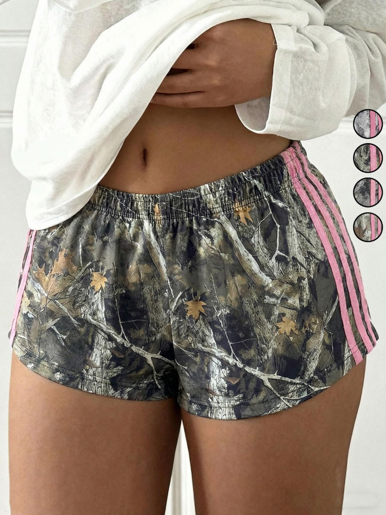 Women's Summer Fashion Casual Shorts, Full Camo Print Multi-Color Options, Stylish Side Stripes, Loose-Fitting Elastic Waist Pants