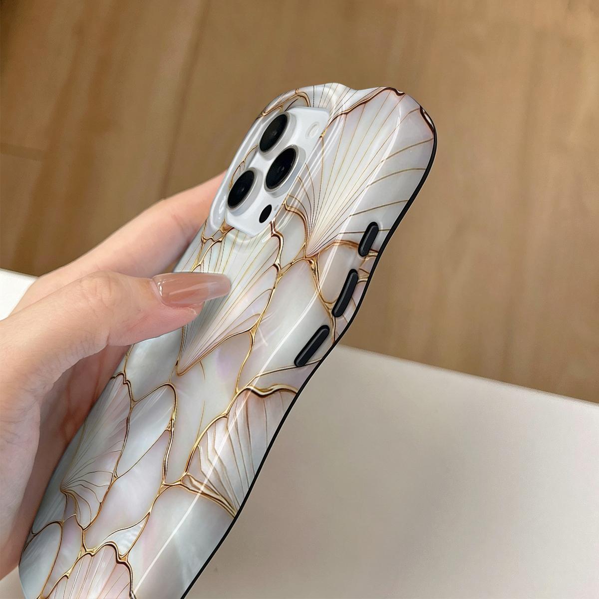 Shockproof Protective Smartphone Case for 6.1-6.7" Phones, Dual PC+TPU Blend with 2D Pearl Shell Ginkgo Leaf Golden Line Print, Marble Design, Camera Cover, Wavy Curved Raised Edges, Glossy Finish, Non-Slip, Easy Installation, Aesthetic Boost