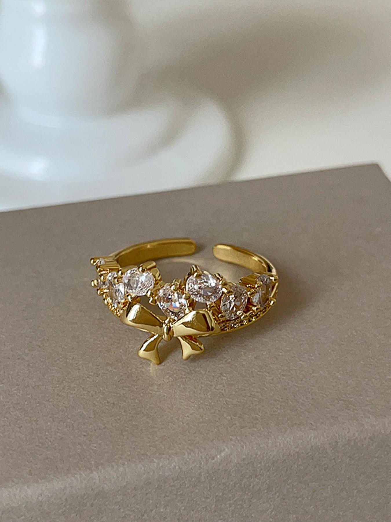 Sweet Trendy Copper Zircon Bow Open Ring, Simple Fashion Women's Elegance Daily Commute Versatile Party Vacation Ring