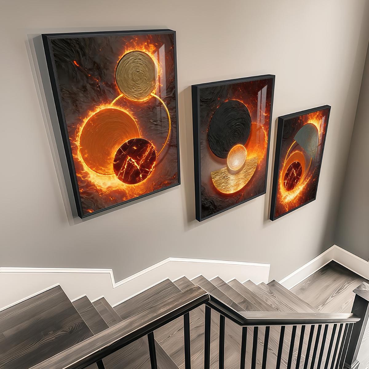 3 Counts Aluminum Alloy Framed Painting, Abstract Fire And Lava Geometry Pictures, Home Decoration For Living Room, Bedroom, Office, Restaurant, Hallway Wall Decor, Odorless Print Artwork, Luxury Perfect Gift For Friends And Family