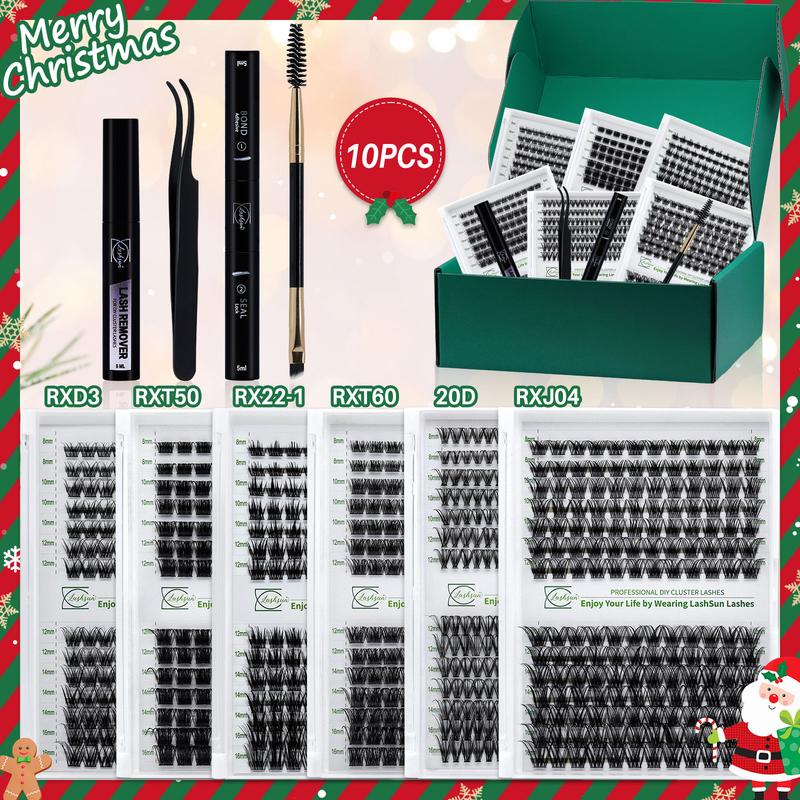 LASHSUN CHRISTMAS GIFT 10PCS Kit , D Curl 8-16mm DIY Lash Clusters Kit Multi-Type Lash Volume Eyelash Clusters with Bond&Seal Lash Remover Lash Brush Tweezers Eyelash Set