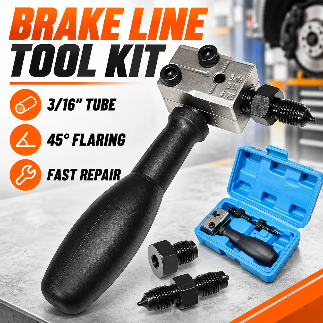 Professional Brake Line Flaring Kit for 3/16" Tubing, 45-Degree Double-Sided Flare Tool for Automotive Brake Pipe Repair and Maintenance