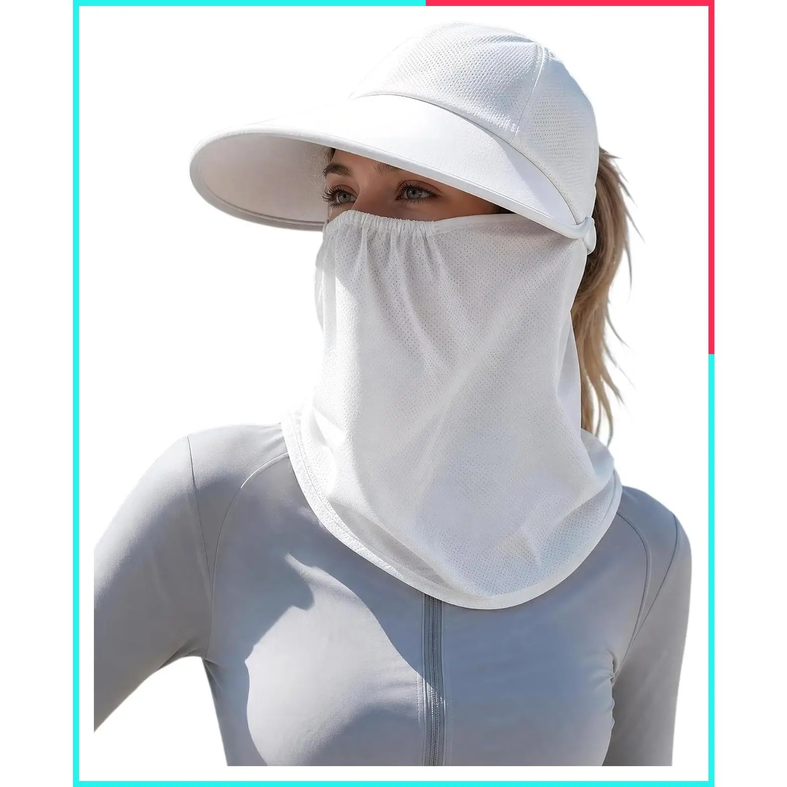 Wide Brim Sun Hat Visor for Women with Detachable Face & Neck Cover, UPF 50+ Sun Protection for Hiking Gardening, Ponytail Friendly