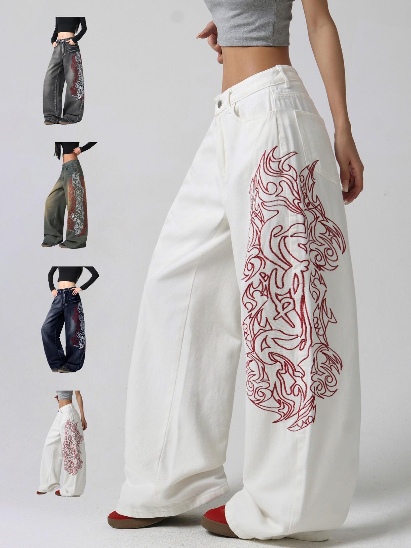 Women's Totem Embroidered Jeans, American Street Style, Comfortable Loose Fit, Trendy Wide Leg Pants, Fashionable All-Season, Casual Comfy Denim, Embroidered Denim Pants, Denim Clothing