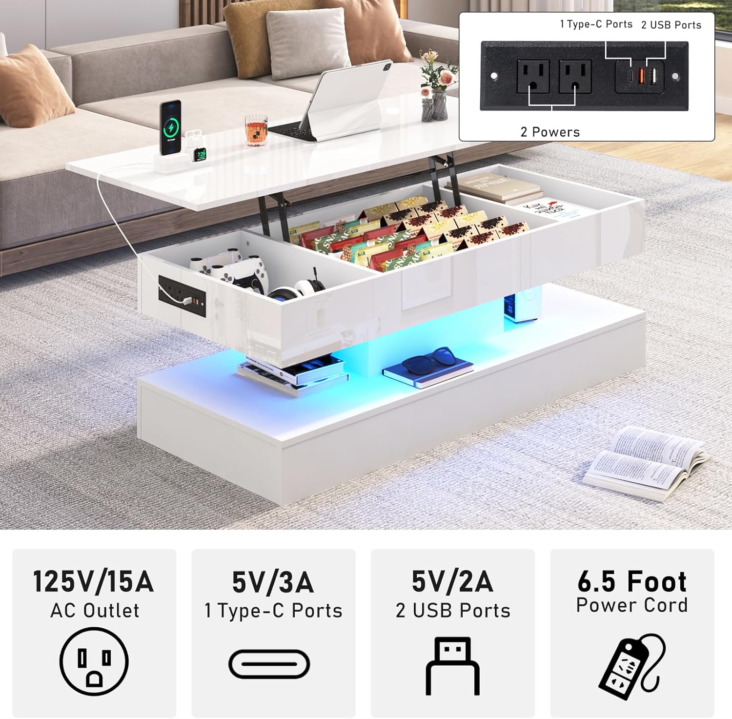 47.2"/39.4" Large Lift Top Coffee Table,Modern High Glossy LED Coffee Tables for Living Room with Storage Drawer,White Living Room Tables for Livingroom,Dining Room,Bedroom Home Office(White/Marbling White)