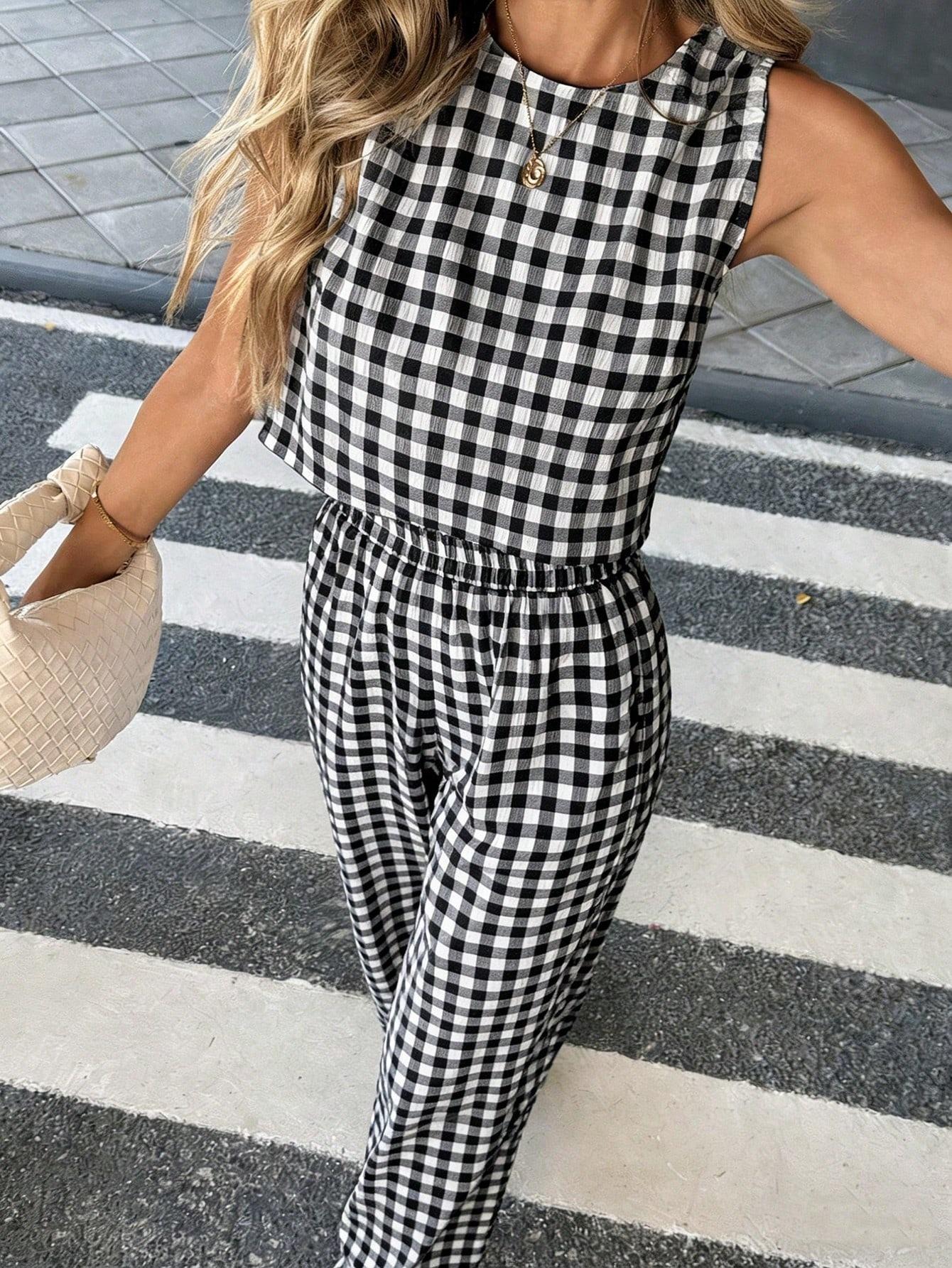 Ladies' multi-color casual plaid round neck sleeveless set Women, summer plaid sleeveless top+high waist wide leg pants set, suitable for commuting/dating/going out/home, essential for lazy people to wear Clothes Summer Matching Set Summer Sets Casual