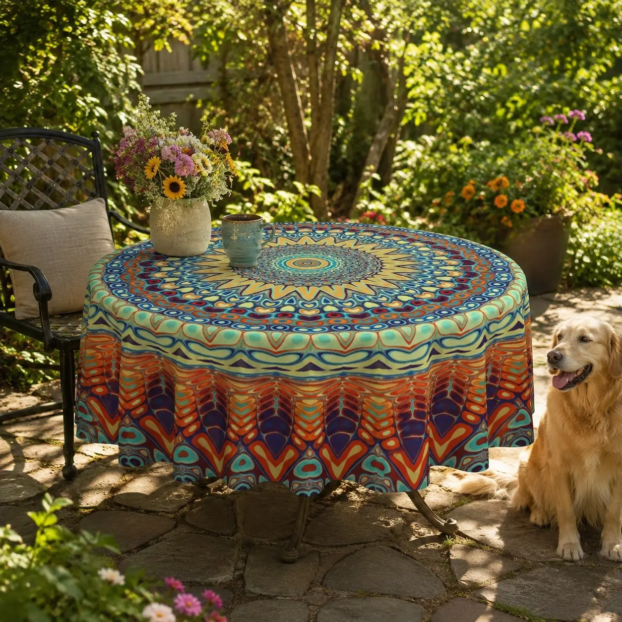 Bohemian Round Tablecloth - 2D Flat Geometric Graphic Print, 70 in Polyester Single-Piece, Durable, Easy to Clean, Machine-Made, Ideal for Party Dining, Home Decor, Glam Festive Decoration, One-Piece, Easy Clean