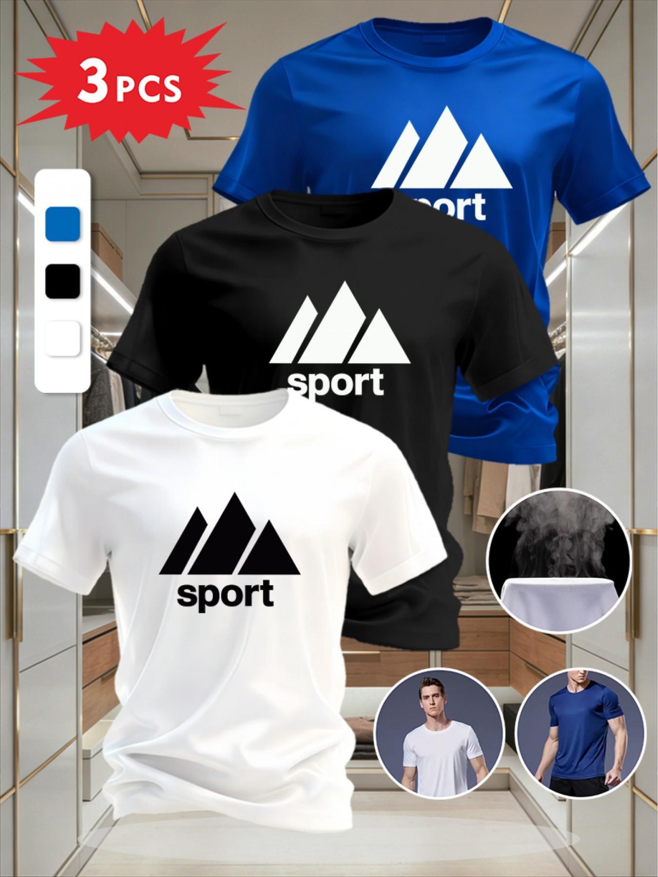 3-Pack Men's Casual Printed Short Sleeve T-Shirts, Breathable Sporty Fitted Tops, Trendy Streetwear Long-Sleeve Tee