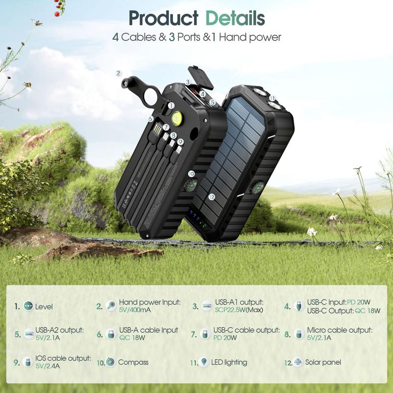 citicr 40000mAh solar hand-held power bank, with 4 built-in cables for output and input, super bright flashlight, level gauge, compass, 6 output PD20W fast charging, hand-cranked point charger, suitable for outdoor camping, fishing, mountain climbing, etc citicr 40000mAh solar hand-held power bank, with 4 built-in cables for output and input, super bright flashlight, level gauge, compass, 6 output PD20W fast charging, hand-cranked point charger, suitable for outdoor camping, fishing, mountain climbing, etc