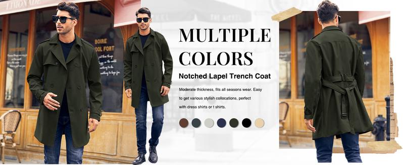 Runcati Men's Coat Double Breasted Trench Coat Long Lapel Business Jacket with Belt