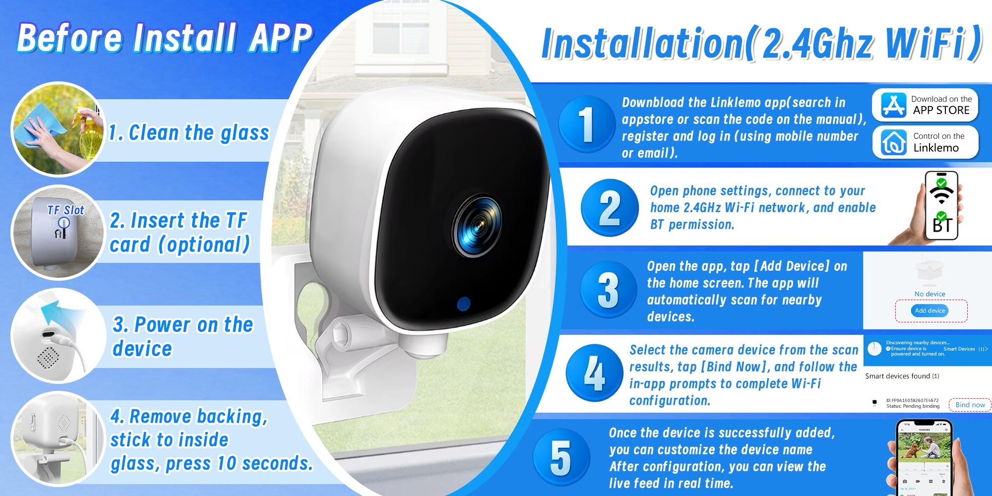 Home Security Window Camera, HD 2.4GHz WiFi Indoor Cameras, Person,Pet,Vehicle & Motion Detection, Two-Way Audio, 24/7 Continuous Video Recording, Easy Installation for Indoor Monitoring