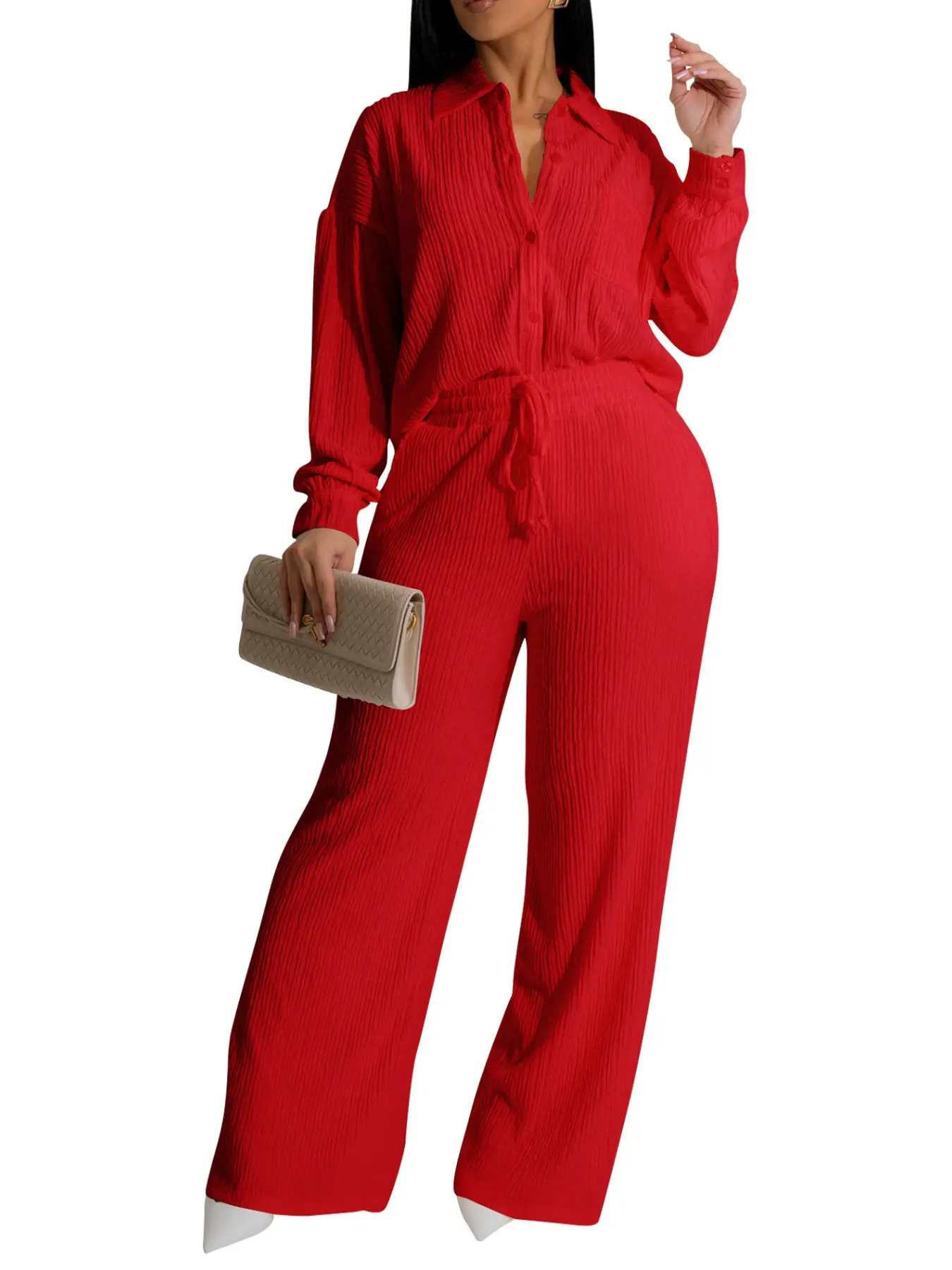 Women's Two-Piece Set Shirt and Wide Leg Pants, Lightweight Flowy Fabric, Long Sleeve Shirt with High Waist Elastic Wide Leg Pants, Spring Summer