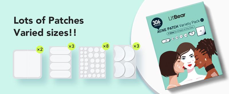 LitBear Skincare Large Pimple Patches 7 Sizes 306 Patches, Acne Spot Treatment XL Hydrocolloid Bandages for Full Face, Forehead,Back and Body Skincare