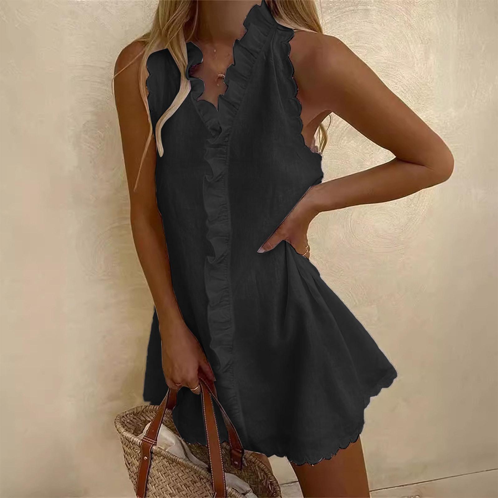 Dress Women Sexy Spaghetti Strap Ruffle Summer Dress Cotton Linen Vestidos Green Dresses Off Shoulder Sexy Mini Sundress Women Summer Dress Ruffle V Neck Sleeveless Loose A-line Mini Dress Flower Edge Solid Color Short Dress for Dating Prom Beach