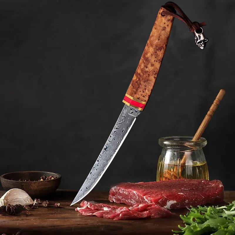 High quality Damascus steel kitchen steak knife with wooden sheath suitable for home kitchen camping barbecue, creative gift for men