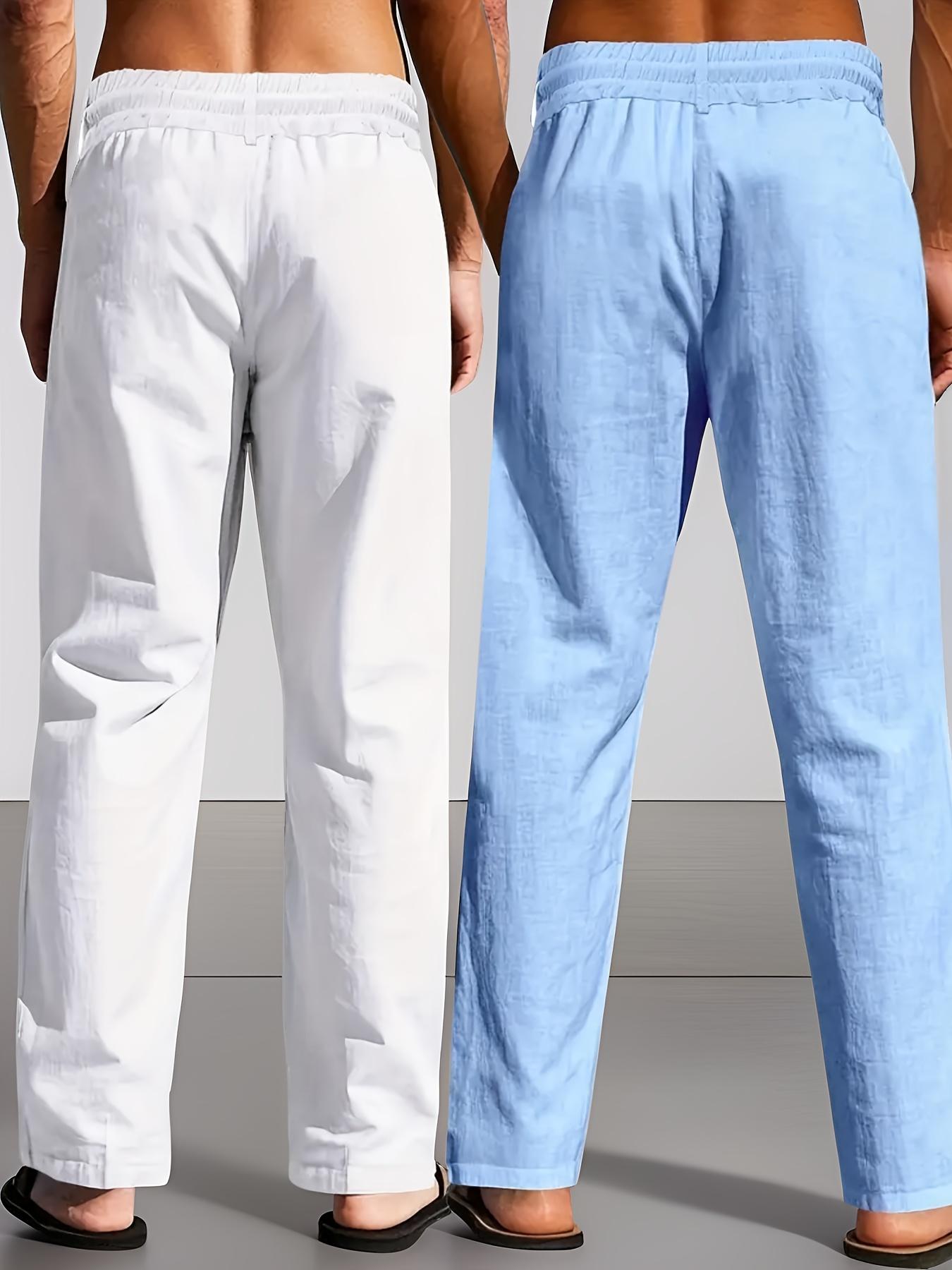 2 pieces men's plain-colored linen casual straight-leg pants, Casual Comfy Fashion, for spring, summer and autumn, with drawstring and faux buttons design, lightweight breathable, suitable for daily commuting, outdoor travel, fitness