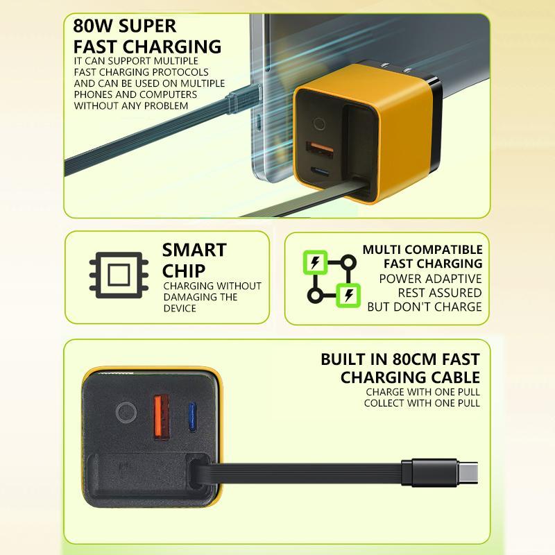 [valentinesdaygift] AKLLCCR Retractable 80W MAX Fast Charger, 3 in 1 GaN portable Charger, with Type-C Cable & 2 USB Ports, Adapter iPhone Smartphone Electronic, Yellow, Cellphone, Folding Charging