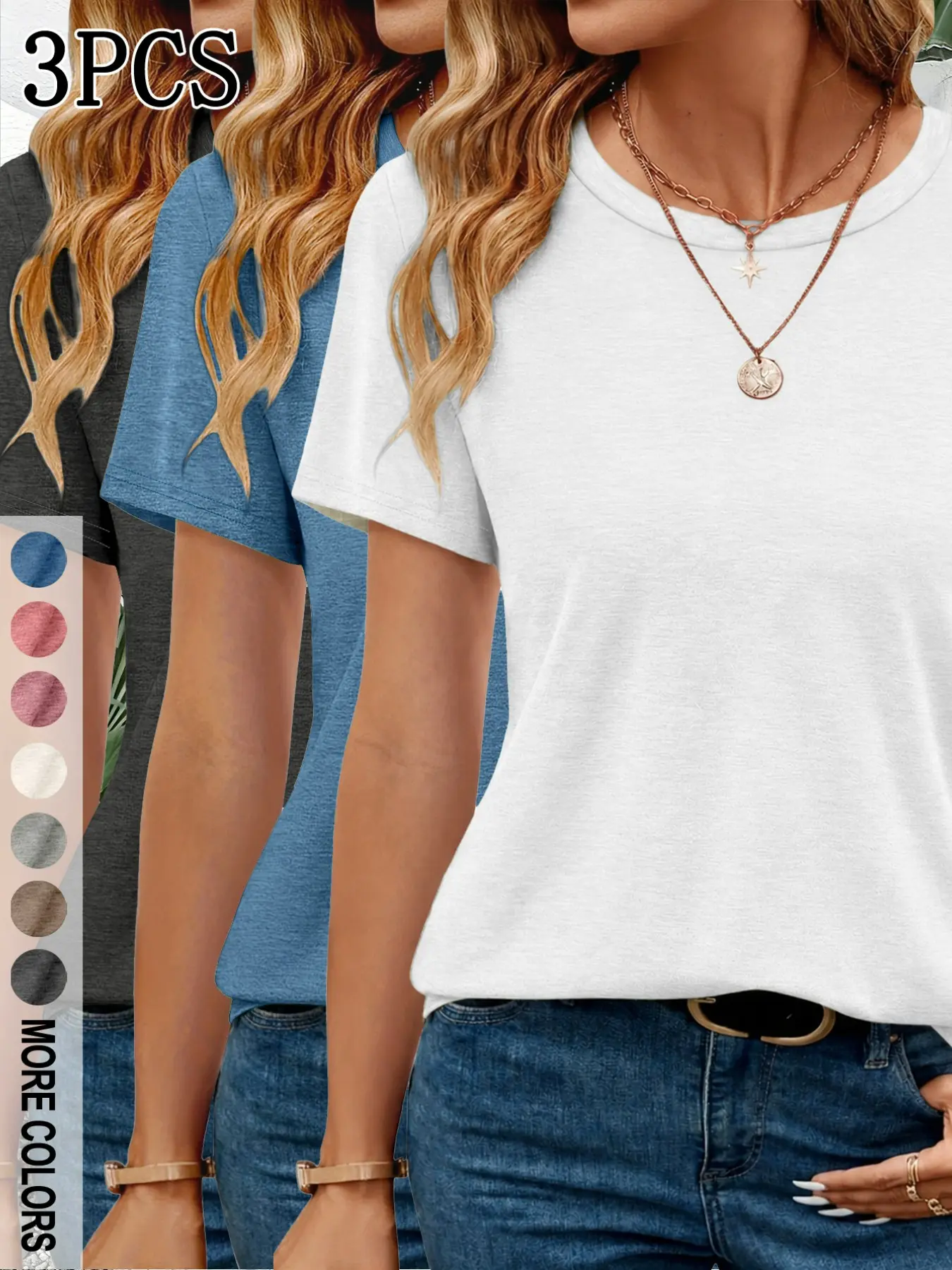 3-Pack Women's Fashion Basic Round Neck Short Sleeve T-Shirts, Summer New Arrival, Casual Comfortable Wear, Soft Material, Trendy Style