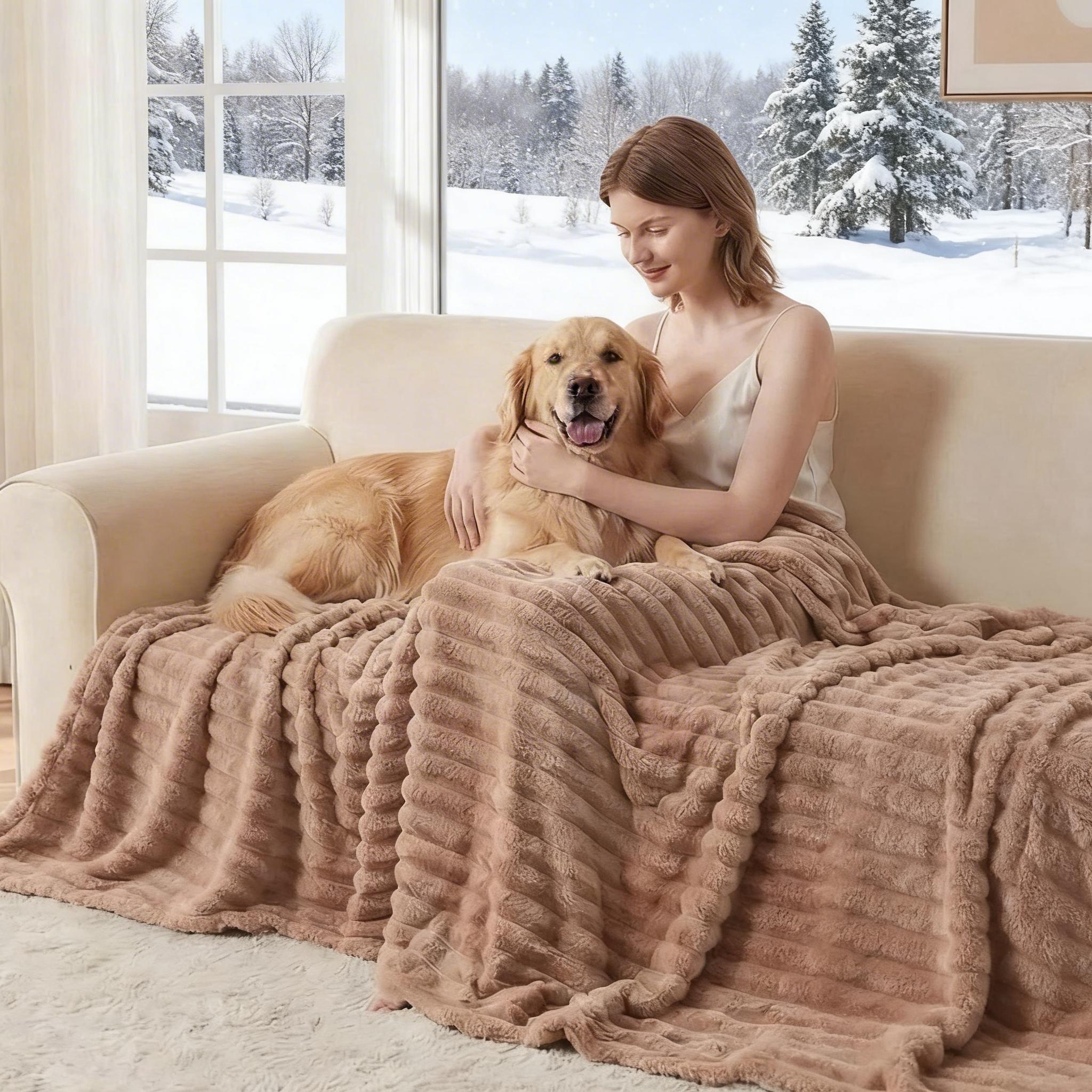 Raybee Cozy Soft Blankets - Faux Rabbit Fur Striped Throw Blanket for Couch, Travel,Office,Courtyard,Home Bedroom Decor Plush Outdoorfun,Flannel Throw Blanket,Perfect Gift Ideal