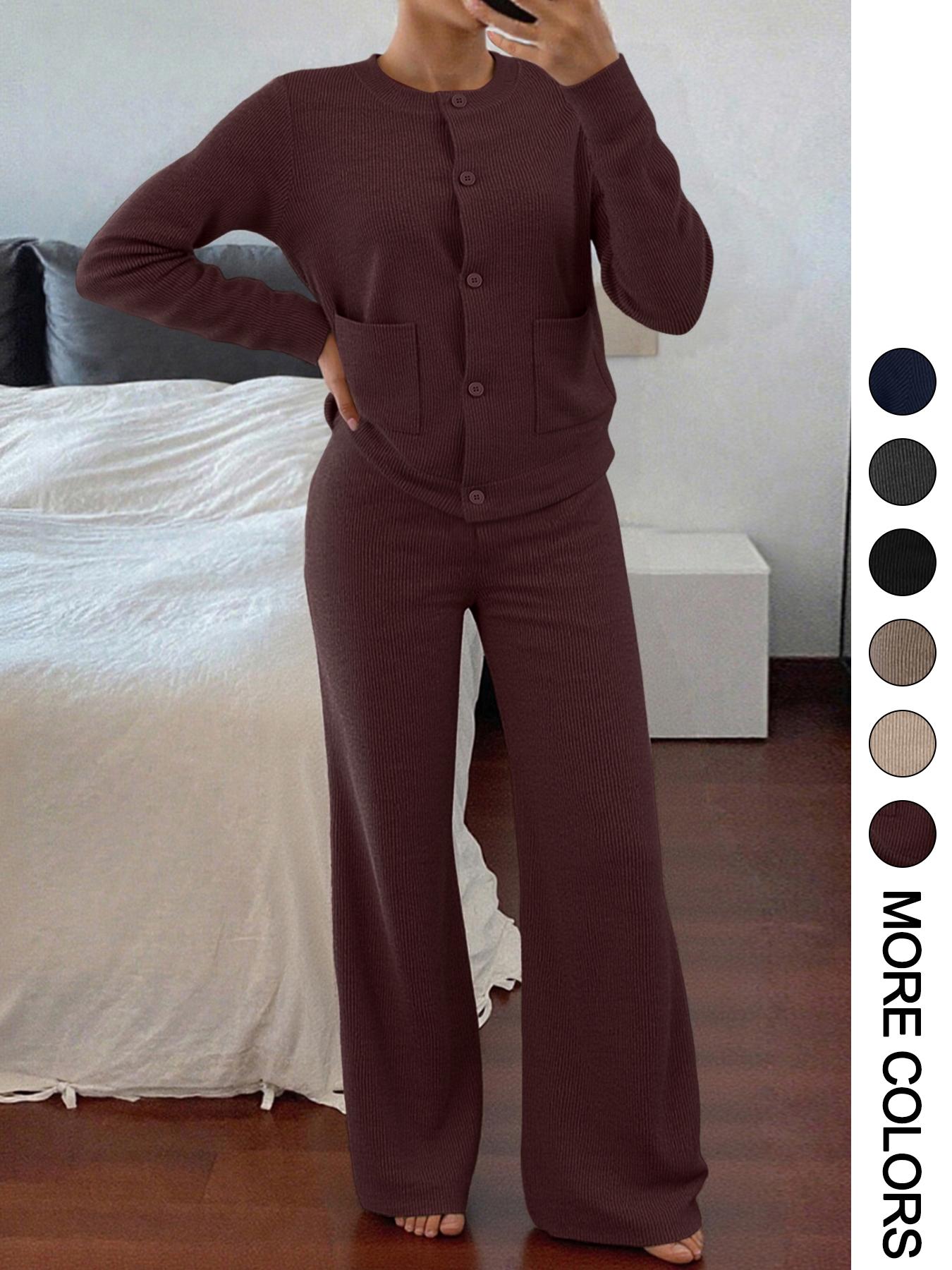 Women's Two-Piece Set, Clothes Set, Womenswear Comfortable Casual Fitted Round Neck Long Sleeve Knitted Sweater Set with Pockets, High Waist Versatile Wide Leg Pants, Perfect for Daily Wear