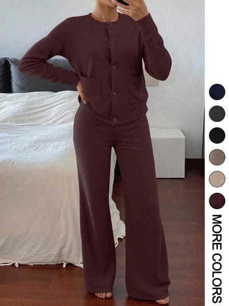 Women’s Casual Comfortable Round Neck Long Sleeve Knit Sweater Set with Pockets, High-Waisted Wide-Leg Pants, Perfect for Daily Wear