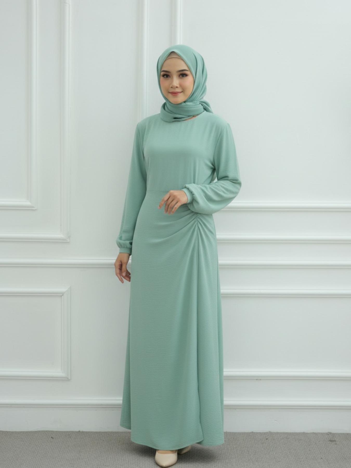 Muslim Women Plain Simple Dress with Back Tie, Waist Cinching, Decorative Buttons, Perfect for Friend Gatherings & Casual Occasions, Modest Muslim Outfits