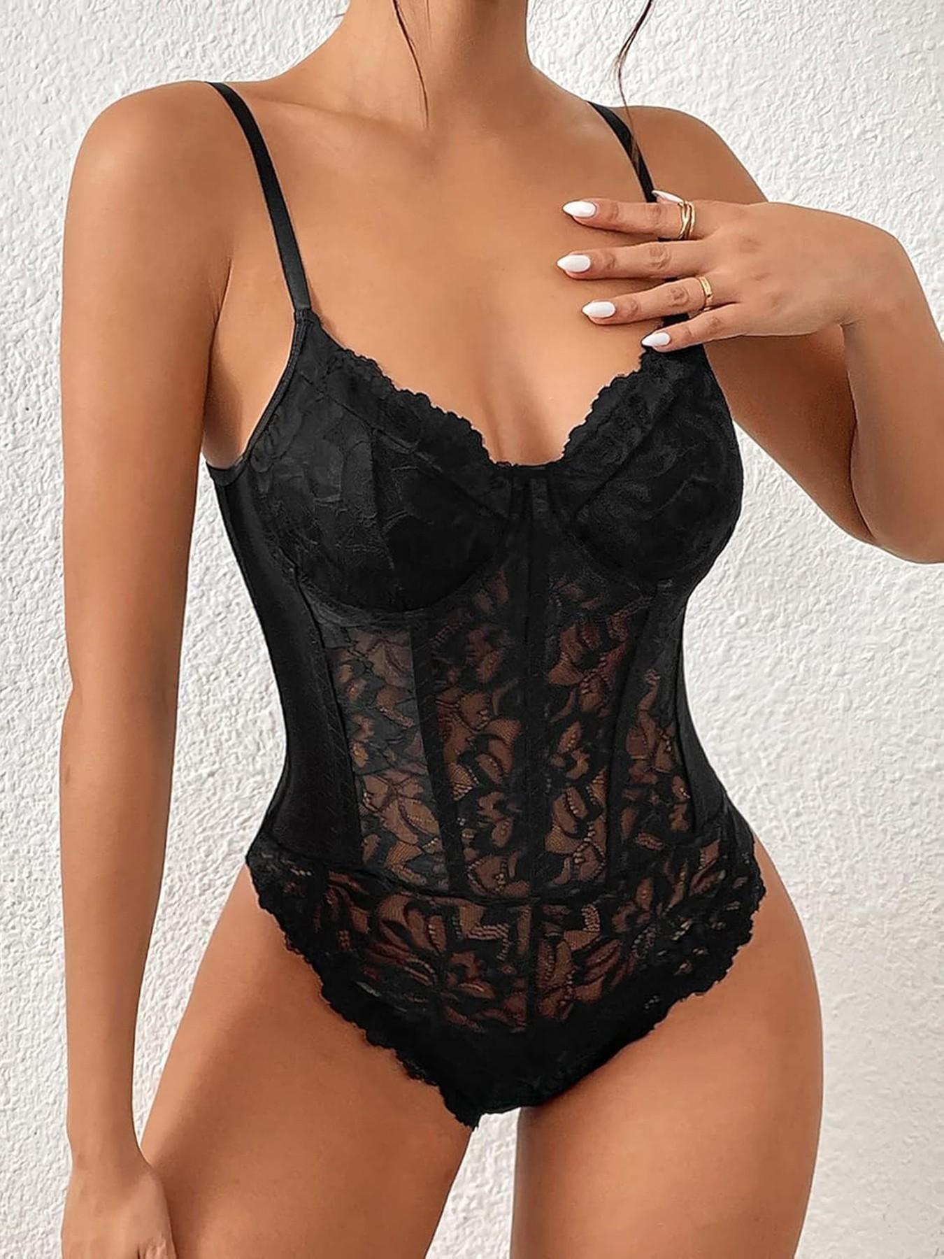 Women Spaghetti Strap Floral Lace Corset Bodysuit, V Neck Scalloped Sheer Mesh, Slim Waist Shaping, Casual Romper for All Seasons
