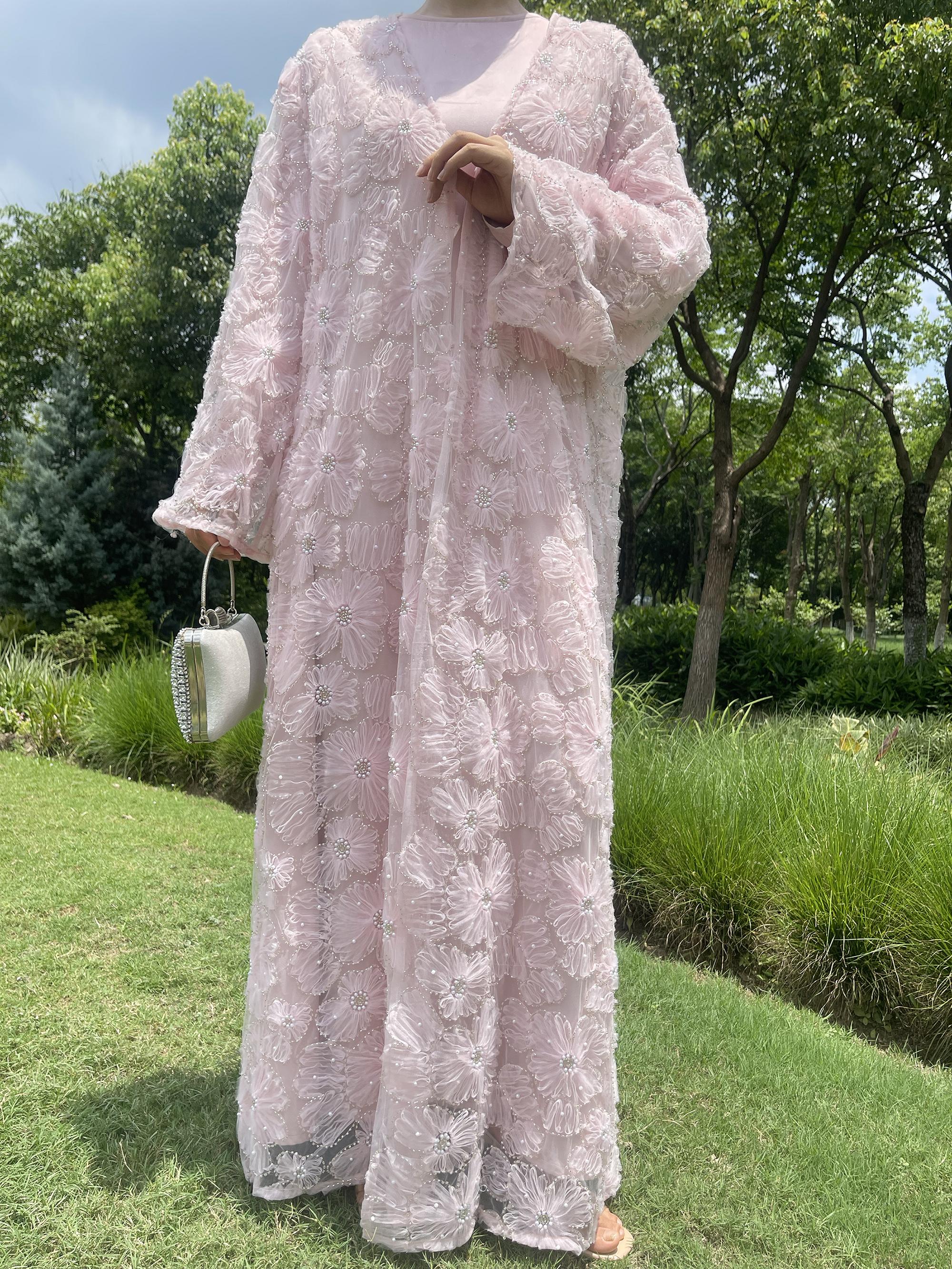 Women's 2-Piece Open Floral Embellished Abaya Floral Beaded Coat Set, Satin Lined Dress (Open Abaya + Inner Dress), Stylish Spring & Fall