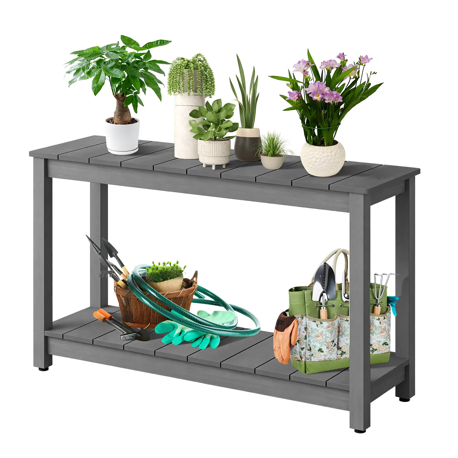48" Outdoor Console Table, Weather Resistant Wooden Patio Side Table, 2 Tier Rectangular Buffet Bar Storage Organizer for Backyard, Balcony