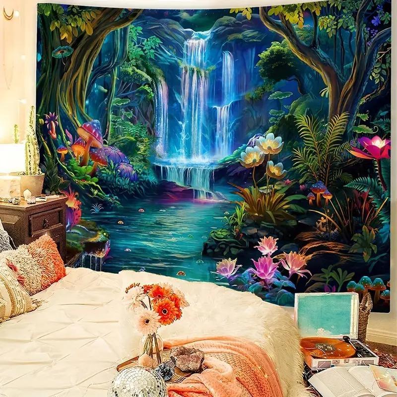 1 Counts Vibrant Jungle Landscape Tapestry - Jungle and Waterfall Prints, Lightweight Polyester Wall Hanging, Comes with Free Installation Kit - Perfect for Living Room, Bedroom, Office Decoration, Jungle Theme Decoration