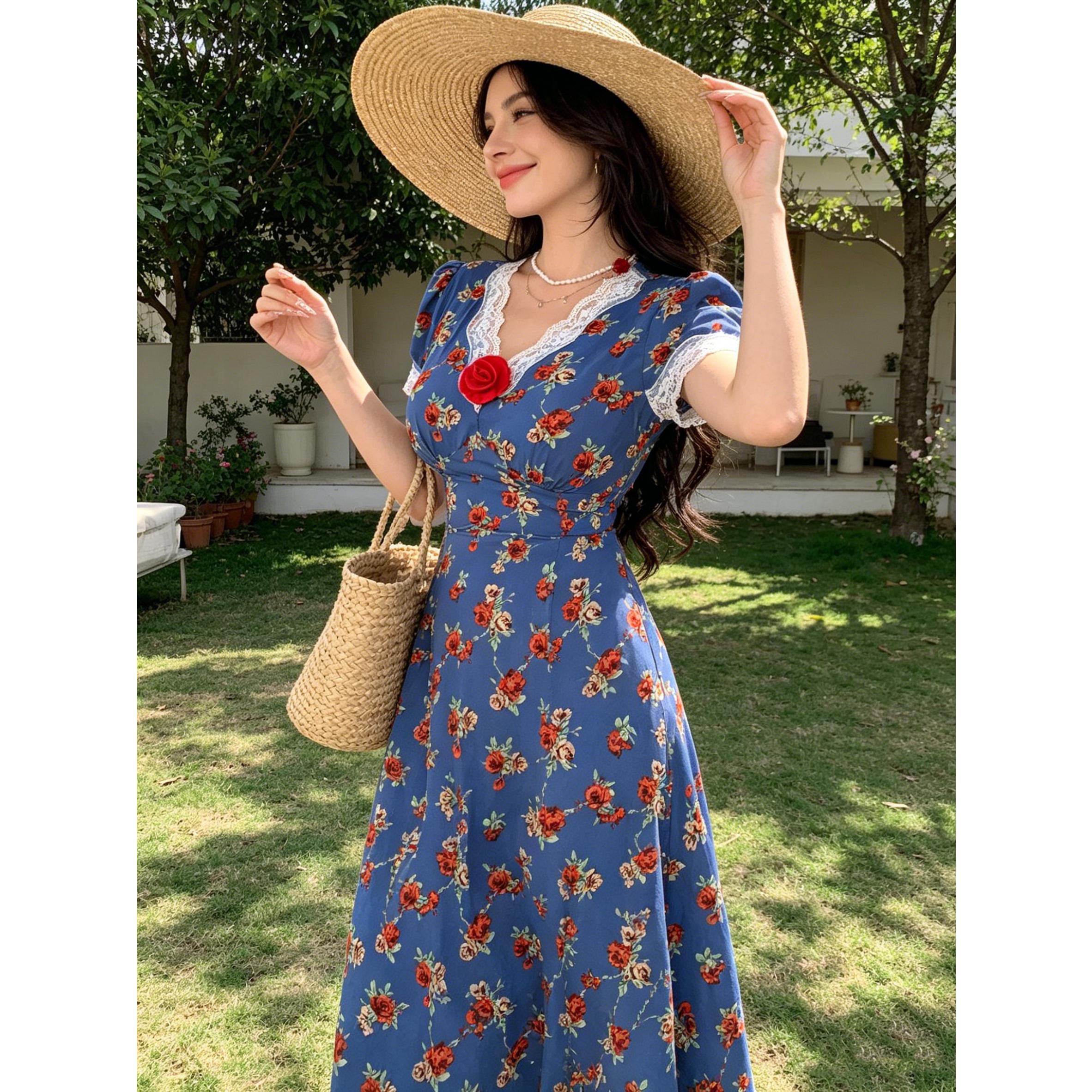 Vintage French Blue Floral Midi Dress Romantic Lace V-Neck Gown | S-XXL Inclusive Sizing | Perfect for Picnic, Date Night, Sunday Brunch & Tea Parties