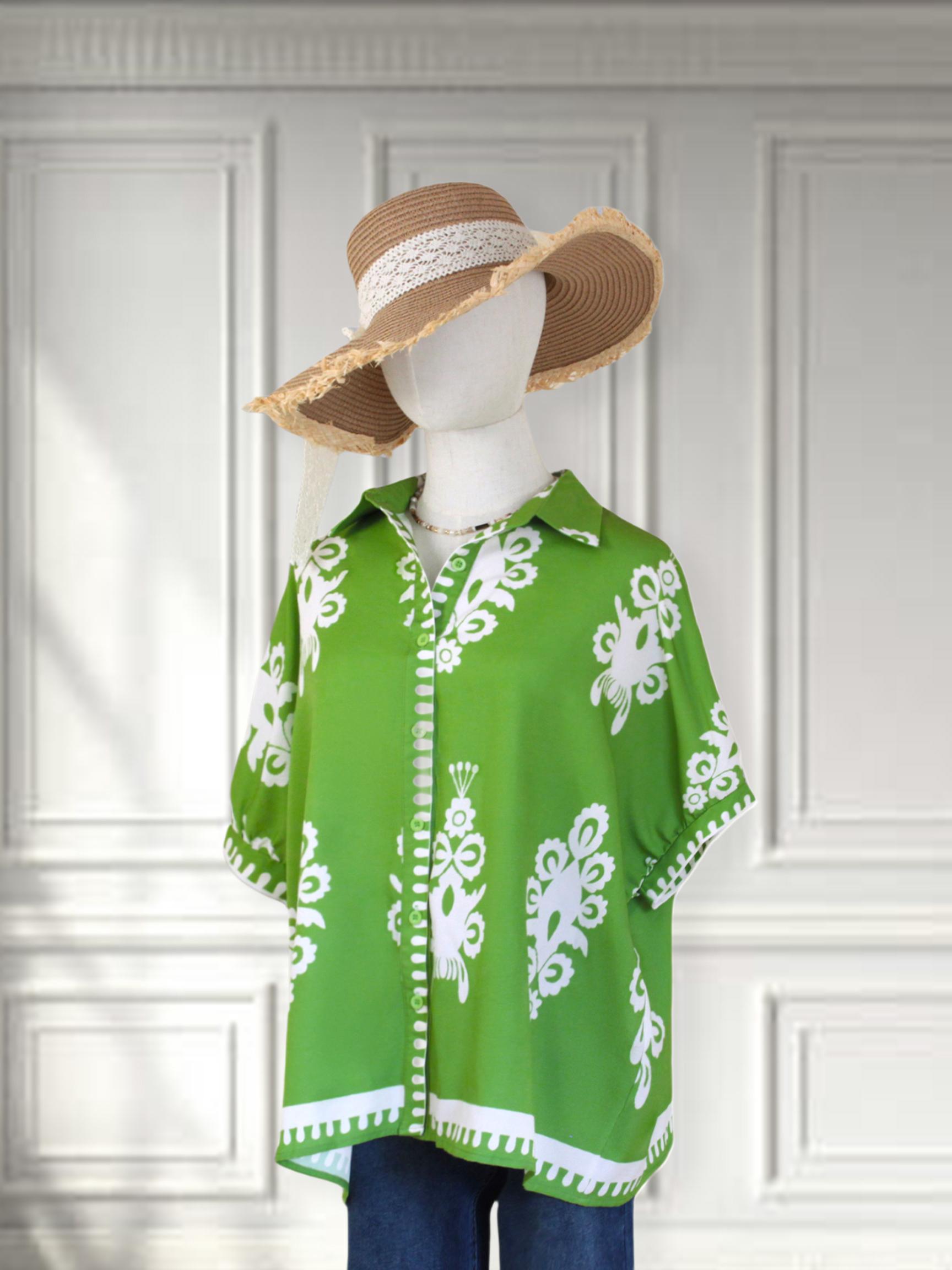 SageVell Boho Green Abstract Print Shirt - Oversized Fit, Retro Collar & Flowy Sleeves, Batwing Half Sleeve Blouse Teacher Outfits Trendy Blouses SpringStatements