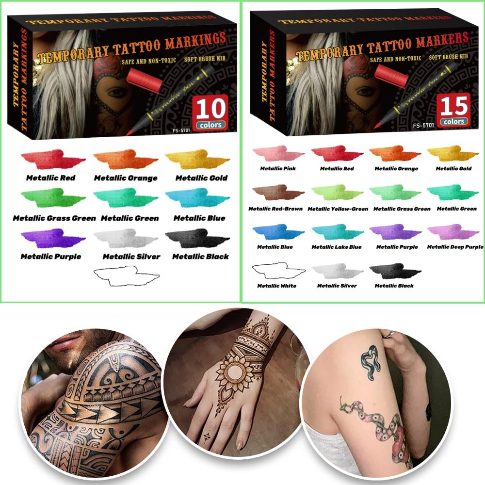 Temporary Tattoo Markers for Skin, Skin Safe, 10/15-Count Body Markers 10/15-Color Tattoo Pens, Flexible Brush Tip, Bright Colors, Cosmetic Quality Face Paint Kit, Perfect Christmas Gifts